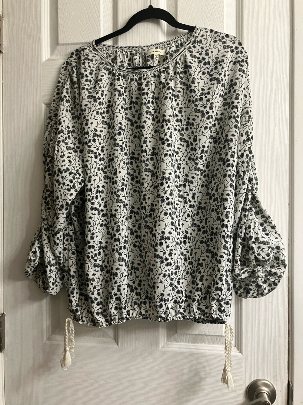 Max Studio Lightweight White & Black Floral Drawstring Blouse